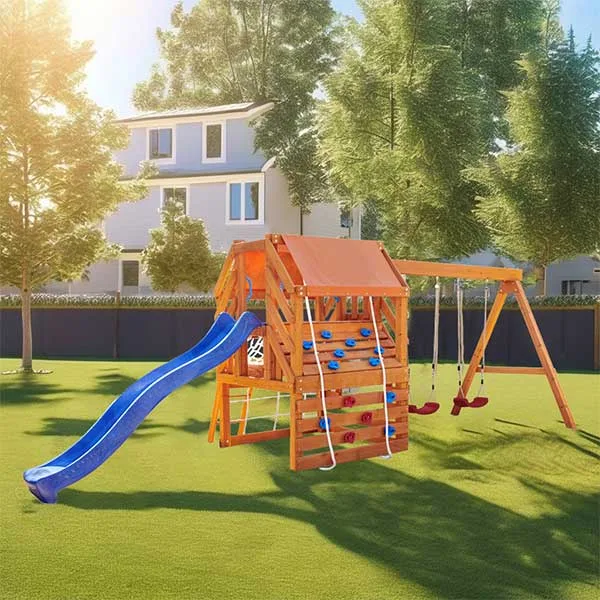 wooden playset with multiple swings and slide