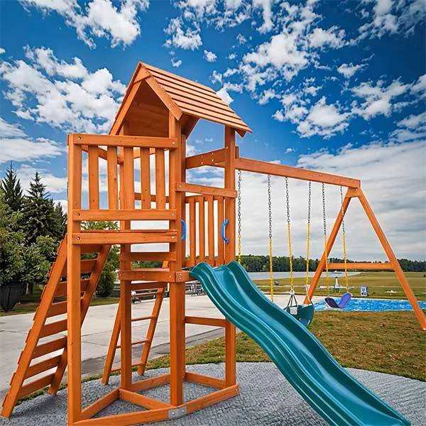 wooden swing set in natural setting